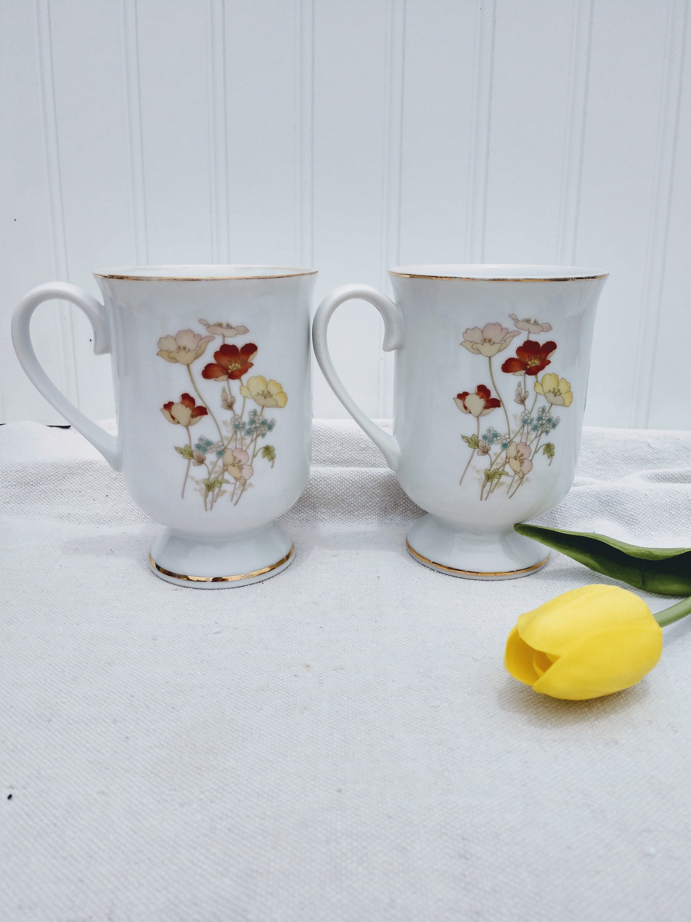 Vintage set of three floral footed coffee mugs | Etsy
