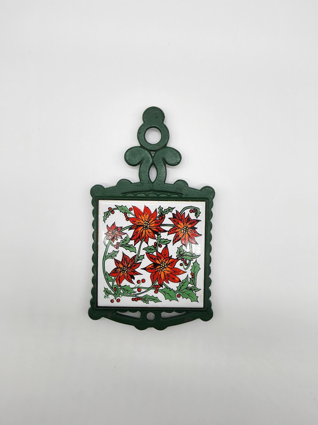 Vintage Cast Iron Tile Trivet With Poinsettias, Holiday Trivet