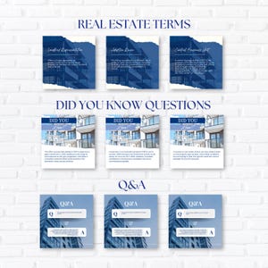 May include: A graphic featuring the text "REAL ESTATE TERMS", "DID YOU KNOW QUESTIONS", and "Q&A". The graphic includes images of buildings and text boxes with real estate information. The background is a white brick wall.