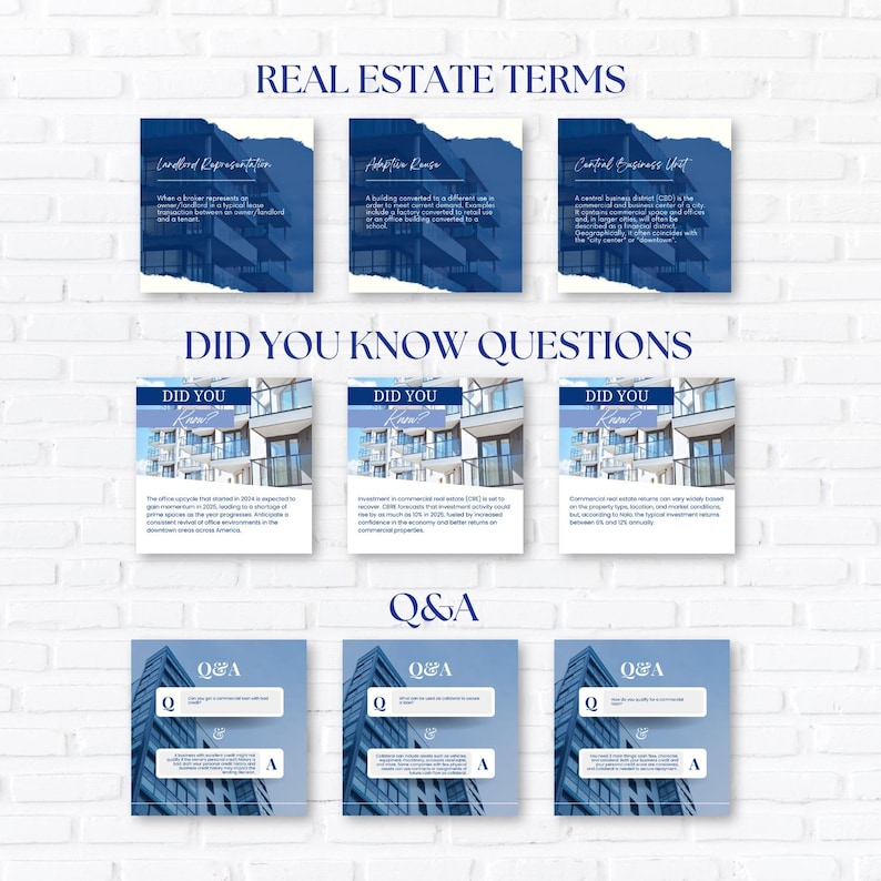 May include: A graphic featuring the text "REAL ESTATE TERMS", "DID YOU KNOW QUESTIONS", and "Q&A". The graphic includes images of buildings and text boxes with real estate information. The background is a white brick wall.