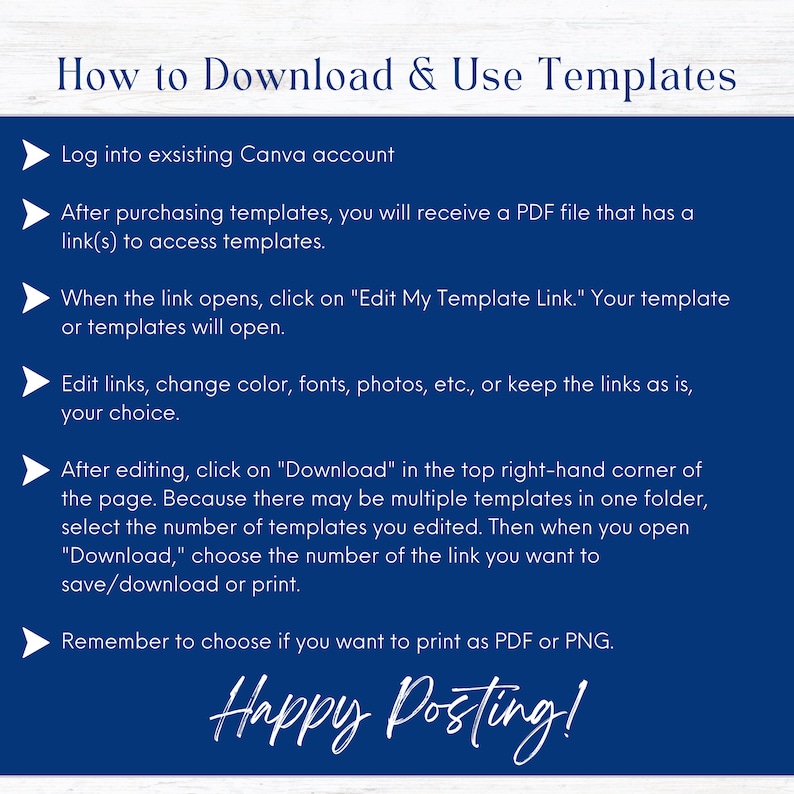 May include: A navy blue graphic with white text detailing how to download and use templates. Instructions include logging into Canva, accessing templates, editing links, and downloading. The phrase "Happy Posting!" is at the bottom.