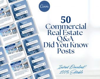 May include: A set of 50 social media post templates for commercial real estate businesses. The templates feature a blue and white color scheme with a modern design. Each template includes a question and answer format with the text "Did You Know?" and a photo of a building. The text "Instant Download! 100% Editable" is also included.