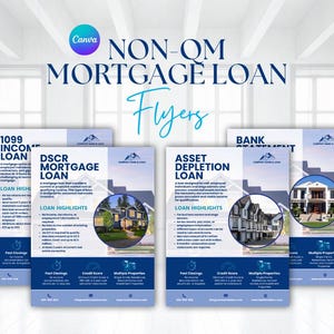 Könnte beinhalten: Vier Flyer mit blauem und weißem Hintergrund, die verschiedene Arten von Nicht-QM-Hypothekenkrediten bewerben. Jeder Flyer zeigt ein Foto eines Hauses und hebt wichtige Kreditmerkmale wie schnelle Abschlüsse, Kreditwürdigkeitserfordernisse und Optionen für mehrere Immobilien hervor.