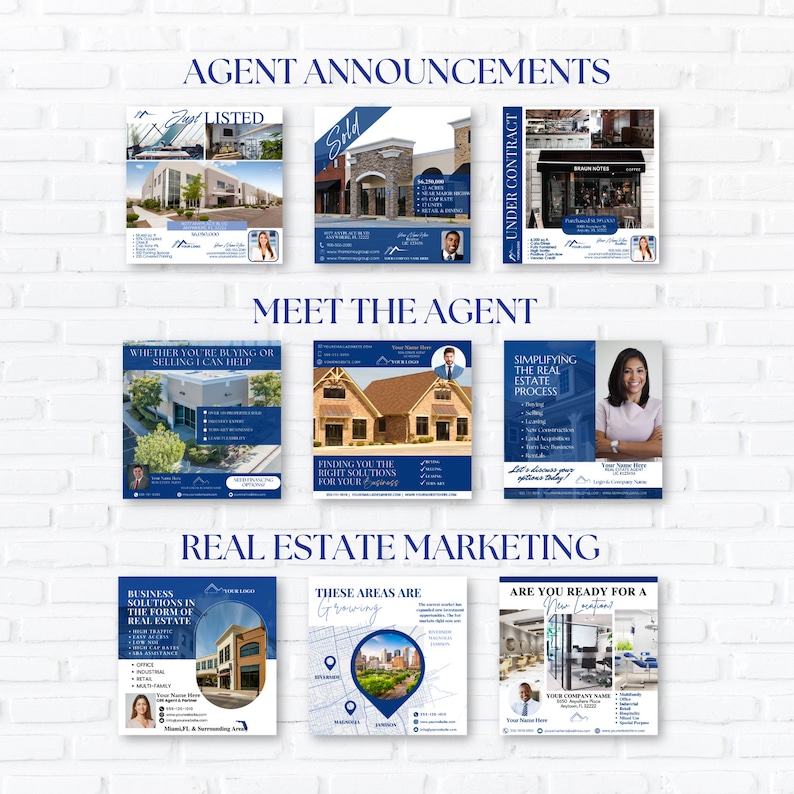 May include: A selection of real estate marketing materials in blue and white. The image features announcements, agent introductions, and marketing solutions. Text includes "Agent Announcements", "Meet the Agent", and "Real Estate Marketing".