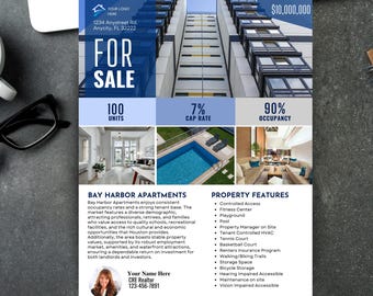 May include: A flyer advertising a 100-unit apartment complex called Bay Harbor Apartments for sale. The flyer features a photo of the building, a pool, and a living room. It also includes information about the property features, such as a fitness center, playground, and pool. The flyer states that the property has a 7% cap rate and a 90% occupancy rate.
