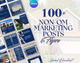 May include: A collage of images promoting 100+ non-QM marketing posts and flyers. The images feature a variety of real estate related topics, including home buying, financing, and investment. The text "100+ NON-QM MARKETING POSTS & Flyers" is displayed in large, bold letters. The text "Instant Download!" is displayed in smaller letters below the main text.