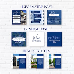 May include: A selection of social media posts against a white brick backdrop. The posts, in blue and white, discuss real estate topics. Text includes "Informative Post," "General Posts," and "Real Estate Tips."