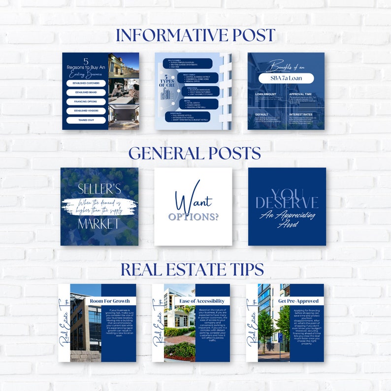 May include: A selection of social media posts against a white brick backdrop. The posts, in blue and white, discuss real estate topics. Text includes "Informative Post," "General Posts," and "Real Estate Tips."