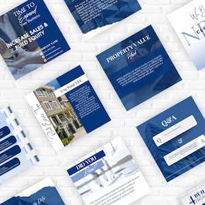 May include: A selection of blue and white business cards and promotional materials. The cards display text such as "Time to Expand Your Business," "Increase Sales & Build Equity," and "Property Value Hack." The design is clean and contemporary.