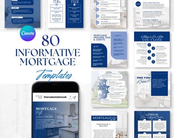 May include: A collection of 80 blue and white infographic templates for mortgage information. The templates feature text, icons, and images related to mortgage topics such as the 4 C's of credit, mortgage myths, and types of real estate.