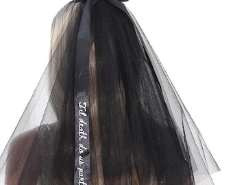 Personalized Black Lace Wedding Veil with Bow- Til Death Do Us Part + Date Bachelorette Party Wedding Eve Bridal Shower Girl night Keepsake