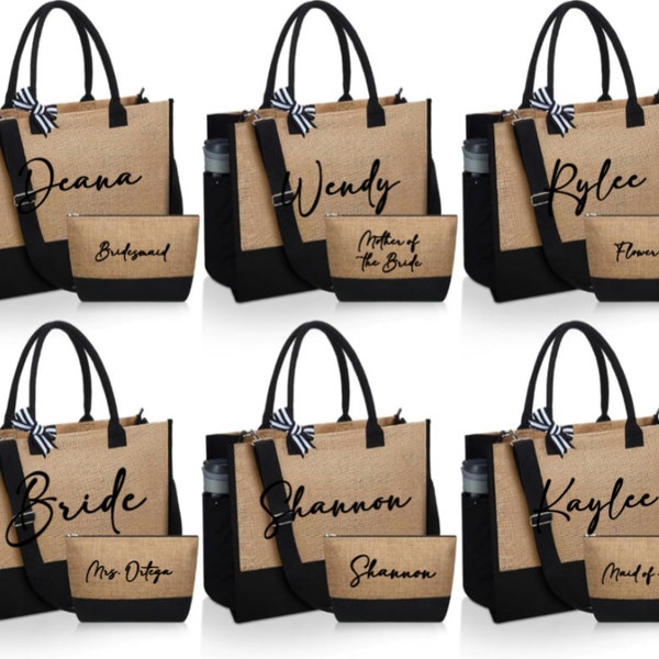 Personalized Burlap Totes and Cosmetic Bag Sets - Jute Tote Bag with Adjustable Strap and Pocket Zipper Tote Bag