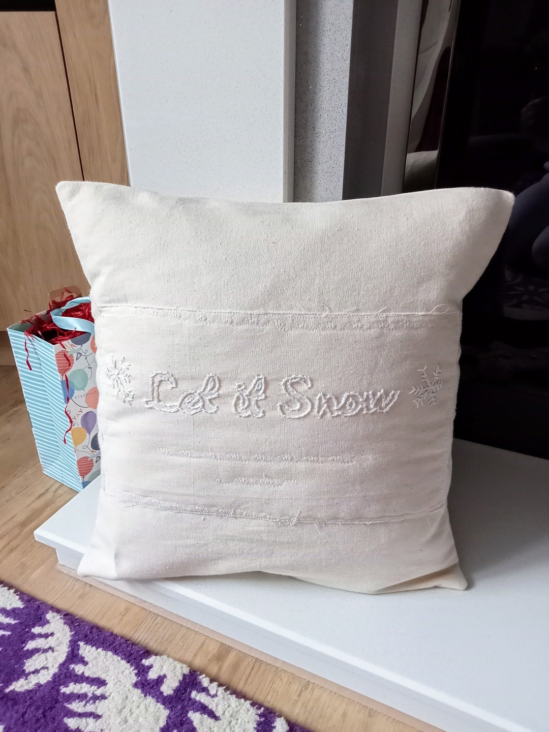 Christmas Pillowcase, Hand Embroidered, Let It Snow, Seasonal