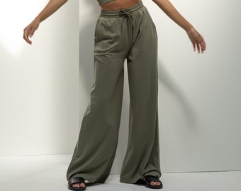 Sustainable Wide Leg Drawstring Joggers - Khaki Green