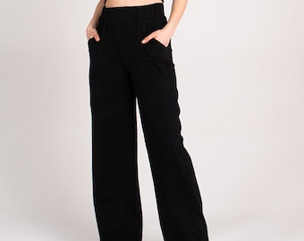 Organic Cotton Wide Leg Trousers - Black