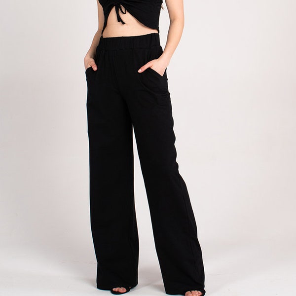 Organic Cotton Wide Leg Trousers - Black