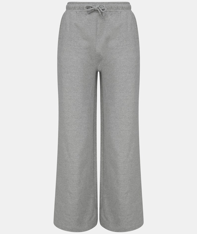 May include: Grey wide-leg sweatpants with a drawstring waist.