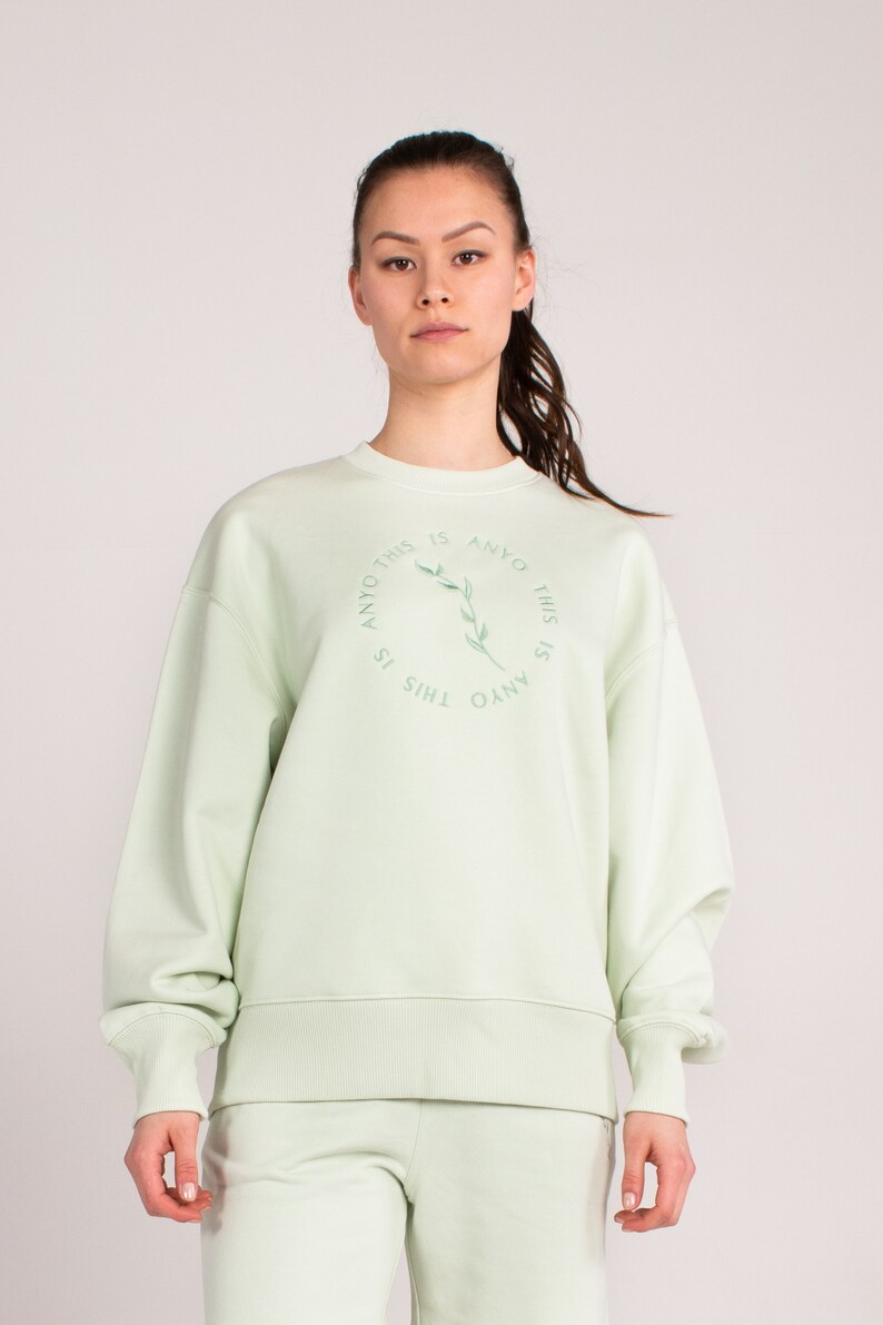 Undyed Organic Oversized Embroidered Sweatshirt Stem Green image 1