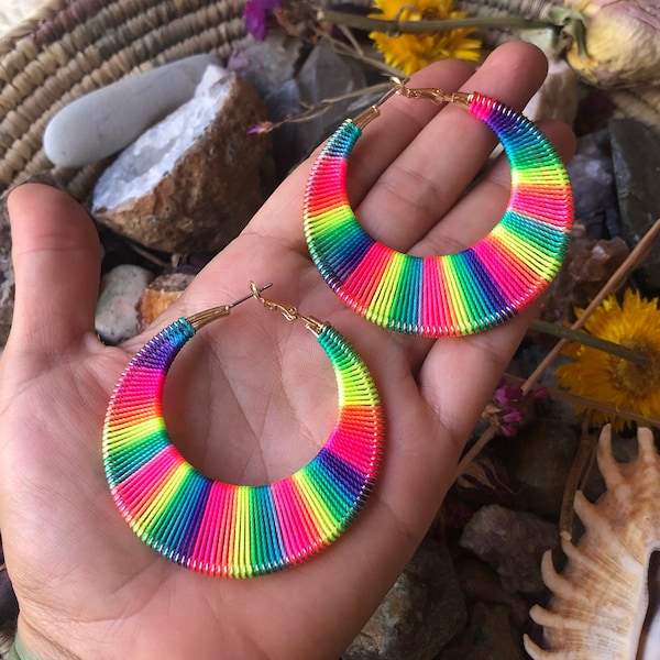 Colorful Woven Hoop Earrings, 18kt Gold, Rainbow Neon Hoops, Cute Boho Hippie, Large Unique Hoop Earrings, Festival Dangle Earrings