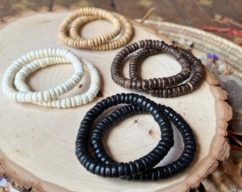 Hawaiian Coconut Shell Bracelet, Handmade Beaded Beach Surfer Necklace, Natural Coconut Shell, Brown White Black, Bracelets From Maui