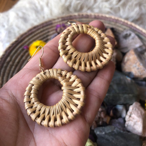 Round Natural Rattan Wicker Earrings, Handwoven Braid Weave Dangle Earrings, Woven Boho Jewelry, Round Circle Triangle Heart Teardrop
