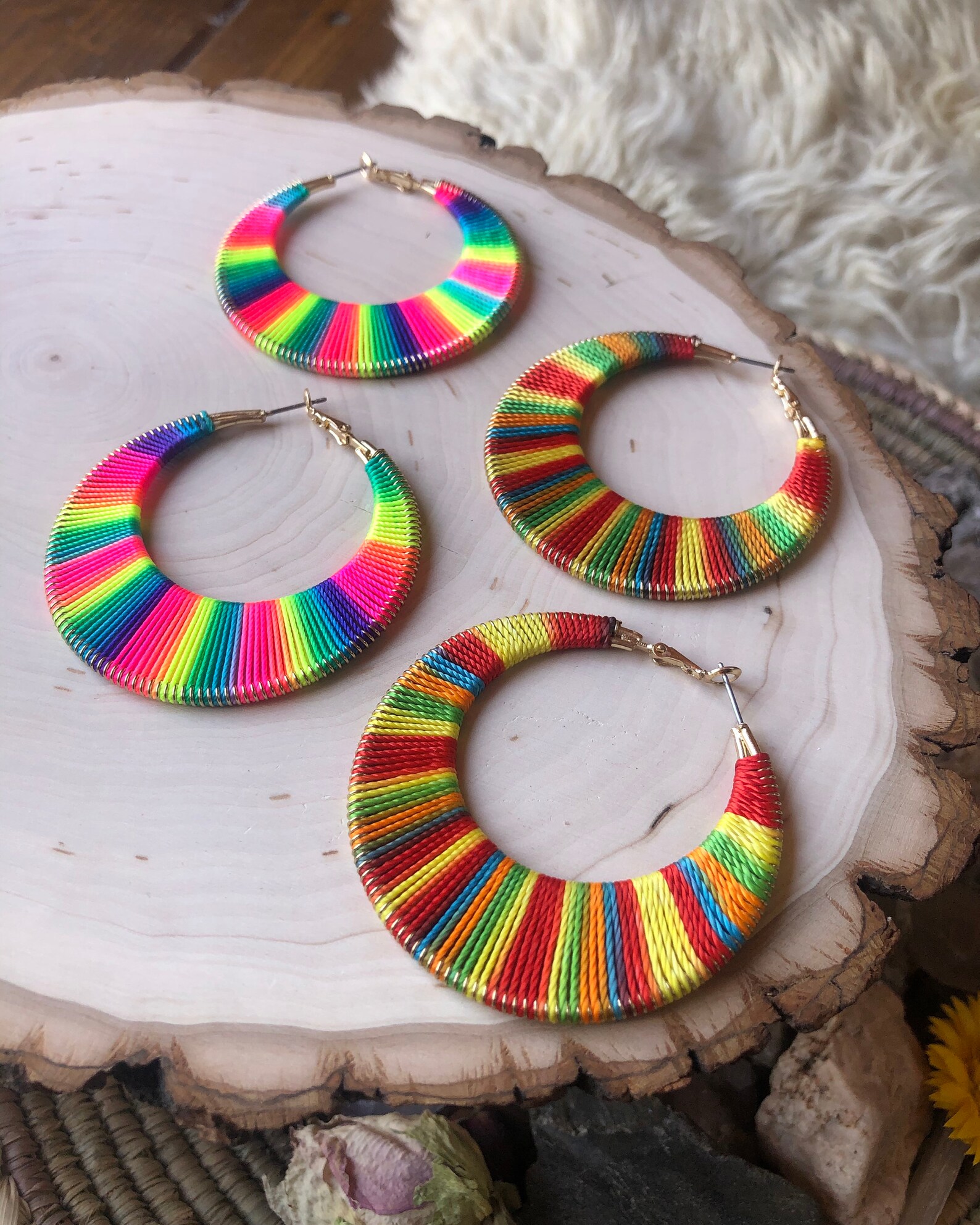 Colorful Woven Hoop Earrings 18kt Gold Rainbow Neon Hoops | Etsy