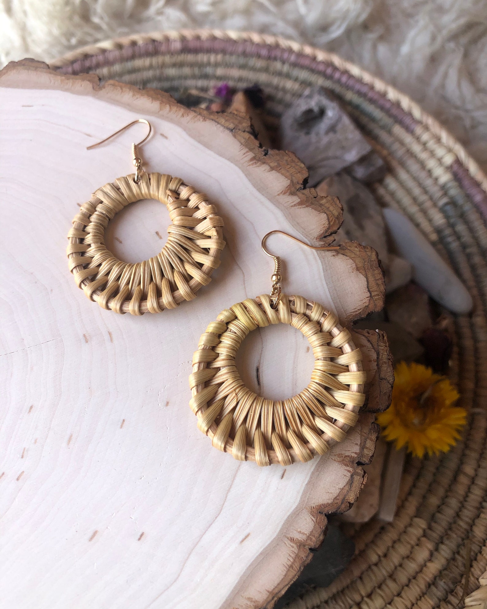 Round Natural Rattan Wicker Earrings Handwoven Braid Weave Etsy