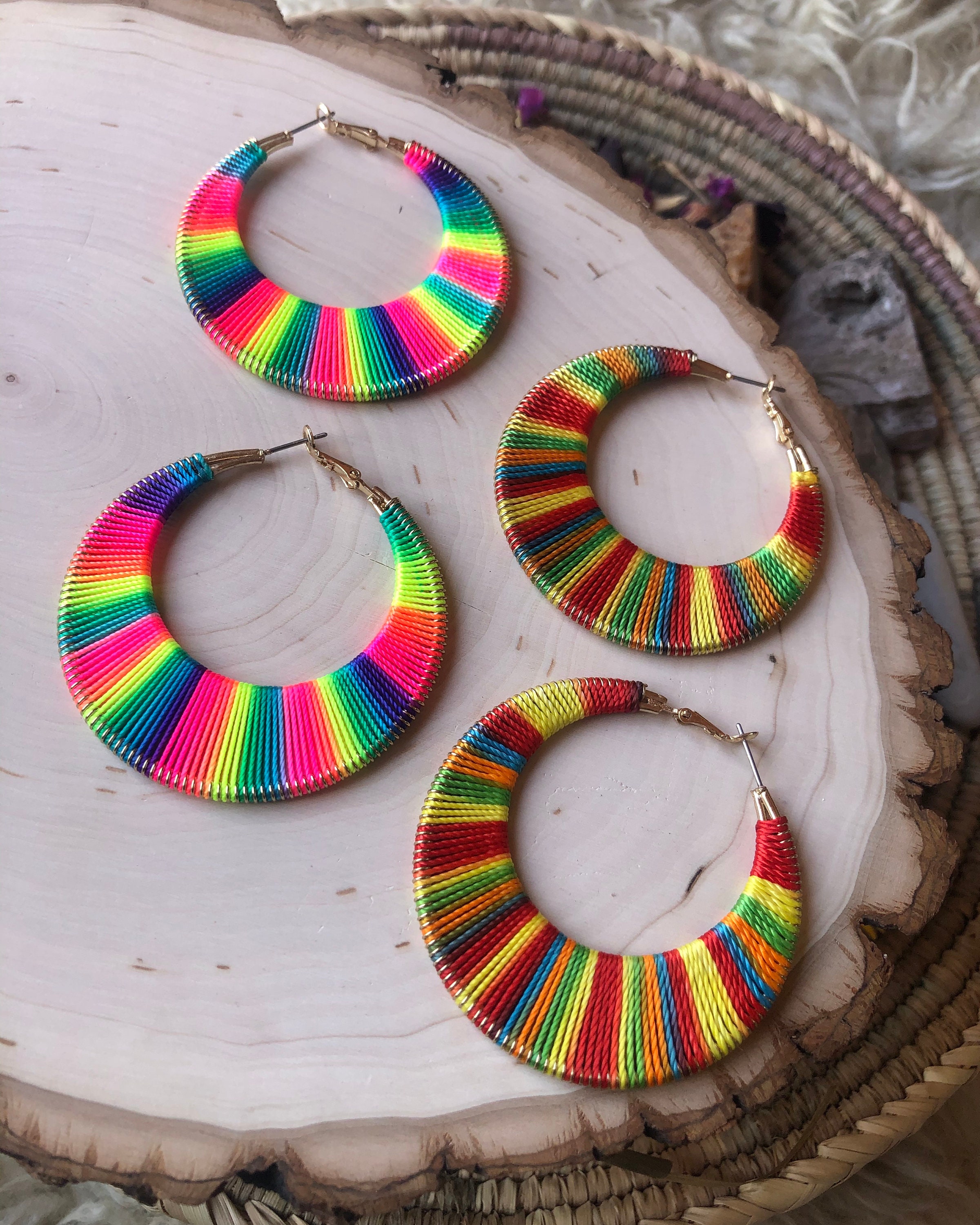 Colorful Woven Hoop Earrings 18kt Gold Rainbow Neon Hoops Etsy