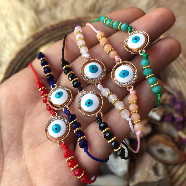 Evil Eye Adjustable String Bracelet, Multiple Colors, Mal De Ojo, Nazar Amulet, Protection Talisman, Turkish Evil Eye, Cubic Zirconia, Gold