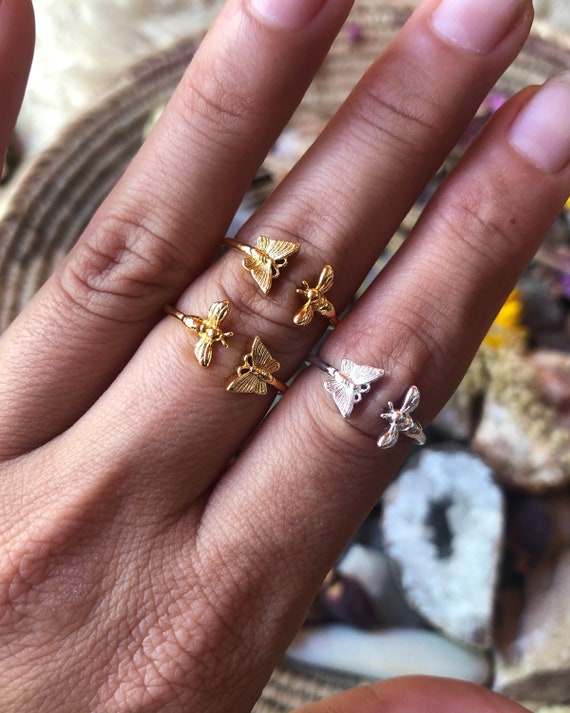 Bumble Bee and Butterfly Adjustable Ring 18kt Gold Cute Dainty Stackable Ring Midi Minimalist Ring Tiny Honey Bee Ring Open Ring Etsy