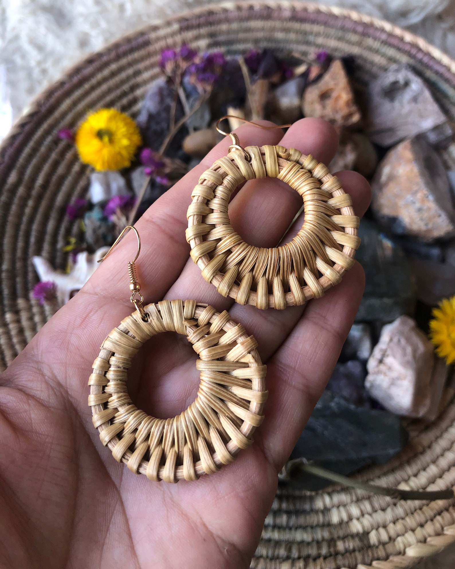 Round Natural Rattan Wicker Earrings Handwoven Braid Weave Etsy