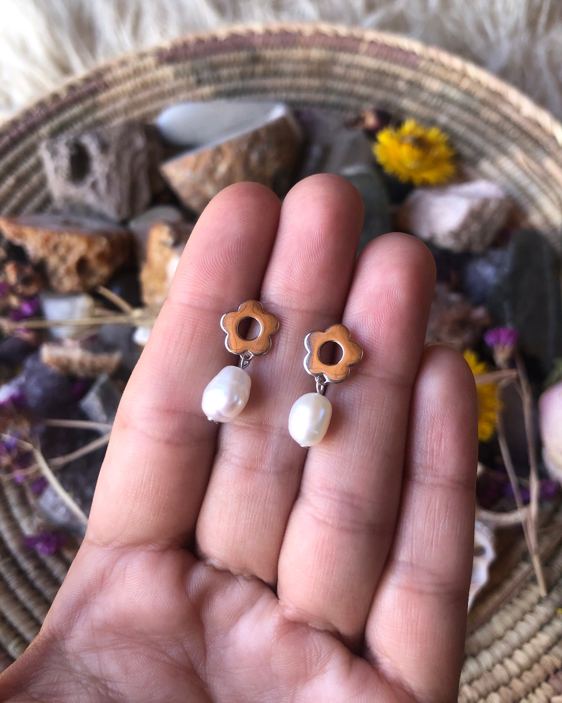 Flower Pearl Dangle Stud Earrings 18kt Gold Vermeil .925 Etsy