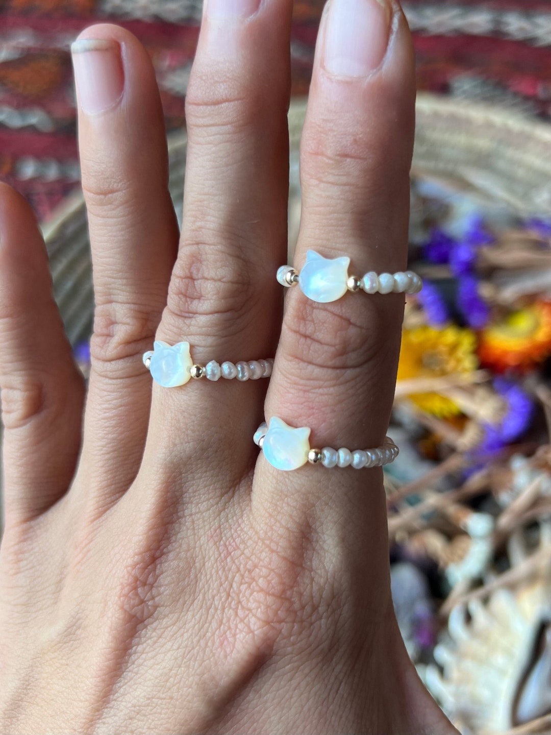 Mother of Pearl Cat Ring, Stretch Adjustable Ring, Beaded Stacking