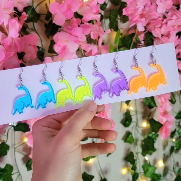 Stainless Steel Hook Acrylic Transparent Bright Colored Long Neck Suaropod Dinosaur Dangle Earrings