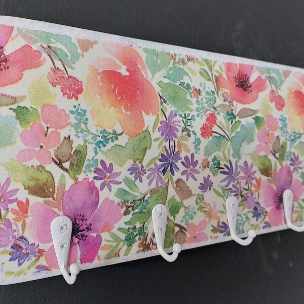 Decoupaged floral wall mount key holder, wall organiser, necklace display, key rack for hallway, home decor, floral design