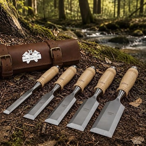 Handgeschmiedetes Holzbearbeitungsbeitelset mit Lederrolle | Zimmerei-Werkzeuge aus Kohlenstoffstahl | Eschenholz 20mm 30mm 40mm 50mm 60mm | Personalisiertes Geschenk