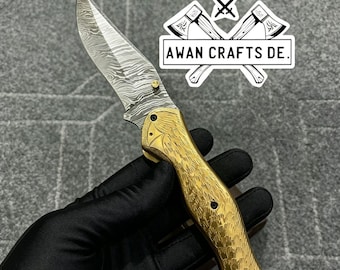 Handmade Damascus Steel Folding Knife – Custom Pocket Knife with Horn/Wood/Bone Handle – Hunting, Camping, EDC Gift for Men, Groomsmen Gift
