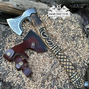 Handmade Viking Wolf Axe with Leather Sheath | Norse Engraved Bearded Hatchet | Custom Viking Axe Gift | Medieval Camping Axe | Nordic Decor