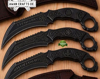 Handgefertigtes Wurfmesser-Set mit Lederscheide | Schwarz Nordische Rune Karambit Messer | Gothic Sammlerklingen | Mittelalter Geschenk Set
