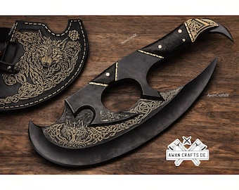 Viking Wolf Engraved Pizza Cutter | Black Blade, Leather Cover, Gothic Kitchen Tool