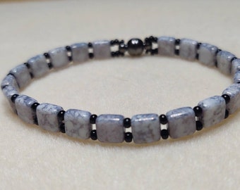 Gray Silver Tile Bead Bracelet with magnetic clasp.