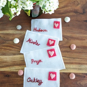 Homemade felt valentine's envelopes - hand embroidered with Velcro stamp- kids valentine's gift basket