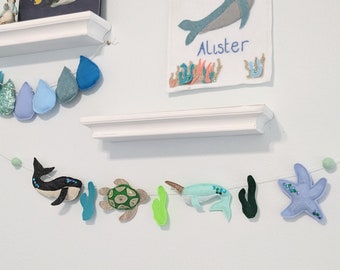 Felt under the sea garland - nautical theme baby decor - whale nursery decor - unique baby gift - ocean decor garland- narwhal whale decor