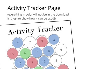 Könnte beinhalten: Eine druckbare Aktivitätstracker-Seite mit dem Titel "Activity Tracker". Der Tracker verfügt über 30 nummerierte Kreise mit farbcodierten Kreisen für Yoga, Radfahren und Gewichte. Der Text "Activity Tracker Page" befindet sich oben.