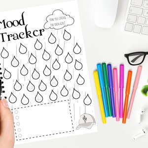 May include: A spiral-bound mood tracker journal with a black and white design. The cover reads "Mood Tracker." The journal features numbered raindrop shapes for daily mood tracking. Colorful markers, glasses, and a succulent are also visible.