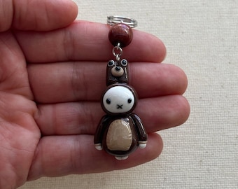 Miffy Handmade Bear Costume Keychain Charm - Brown and Tan - 1.5 Inches - Polymer Clay, Resin Glazed