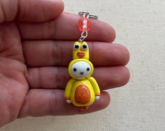 Miffy Handmade Duck Costume Keychain Charm - Yellow and Orange - 1.5 Inches - Polymer Clay, Resin Glazed