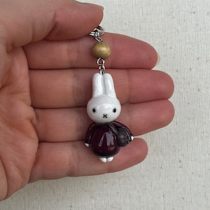 Miffy Handmade Messenger Bag Keychain Charm - Maroon and Black Sweater - 1.5 Inches - Polymer Clay, Resin Glazed