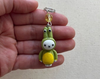 Miffy Handmade Frog Costume Keychain Charm - Green and Yellow - 1.5 Inches - Polymer Clay, Resin Glazed