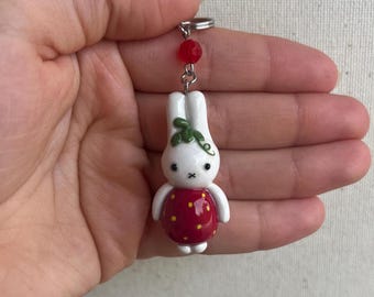 Miffy Handmade Red Strawberry Keychain Charm - 1.5 Inches - Polymer Clay, Satin Glaze